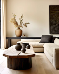 Boho, japandi home interior design of modern living room with light tones, centered on natural materials, and featuring soft, neutral decor accents.