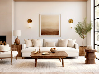 Neutral toned modern room with comfortable white sofa, wooden table, and natural light from large windows. Scandinavian style home interior design of modern living room.