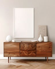 Scandinavian home interior design of modern living room. Rustic retro wooden sideboard and blank mock up frame on beige wall.