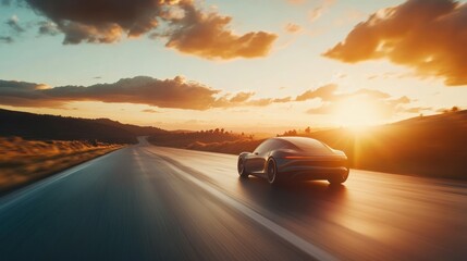Obraz premium Dynamic Sunset Drive with Futuristic Car on Open Road