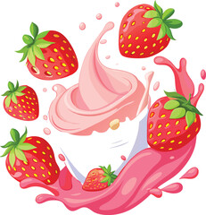 set of fresh strawberries splashing into cream milk