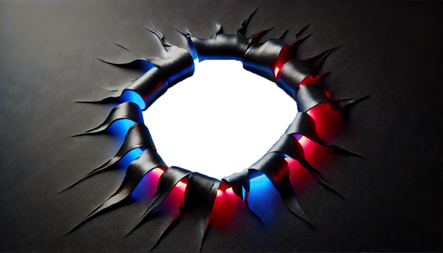 Torn black surface wall with a large peeking hole in the middle with a Neon light. Concept of breaking through and revealing. PNG Transparent