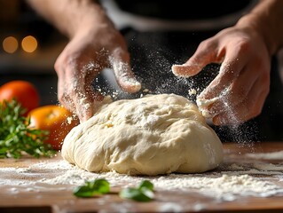 A person kneading bread dough on a floured wooden surface, with flour dusting the kitchen counter and hands in motion.