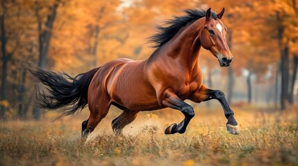 Obraz premium Chestnut Horse Galloping Through Golden Autumn Forest