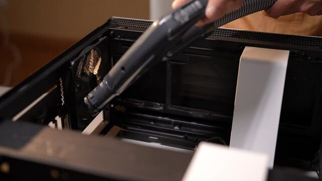 Preventing computer overheating, technician using mini vacuum to clean case for optimal performance. Closeup of computer master cleaning inside of desktop computer using small handheld vacuum cleaner