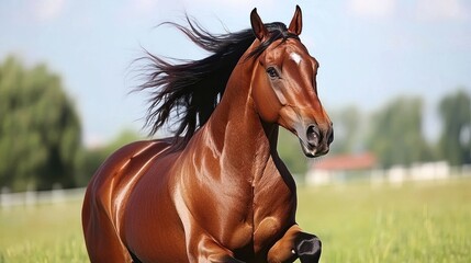 Obraz premium A brown horse with a black mane running through a field