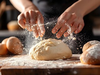 A person kneading bread dough on a floured wooden surface, with flour dusting the kitchen counter and hands in motion.