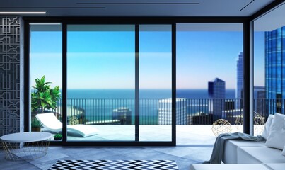 Automatic black sliding doors sea villa patio facade mockup