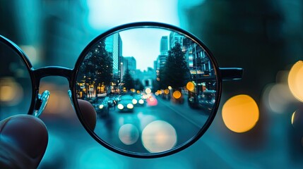 A pair of glasses, with a blurry view of a city street at dusk, is held in a hand.