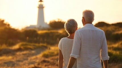 Elderly Couple Gazing at a Lighthouse During Golden Hour