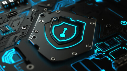 Fototapeta premium 3D digital ID token with a shield and key symbol