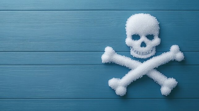 A creative arrangement of sugar skull and crossbones on dark wood surfaces promoting healthy eating by reducing salt intake