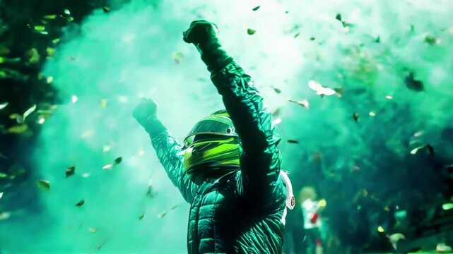 Silhouette of race car driver celebrating victory in the race against bright stadium lights,  falling confetti, a flock of fans and smoke. 3d animation