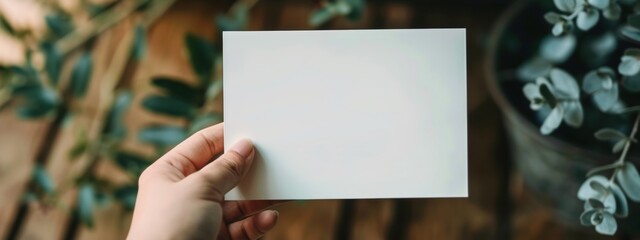 Obraz premium Blank Paper Mockup Hand Holding White Card Stock with Bokeh Background