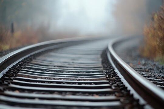 A train track is winding its way through a fogladen forest - Powered by Adobe