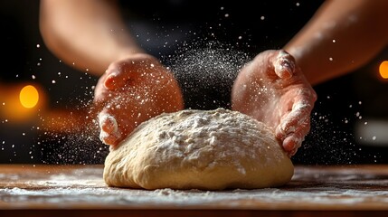 Fototapeta premium A person kneading bread dough on a floured wooden surface, with flour dusting the kitchen counter and hands in motion.