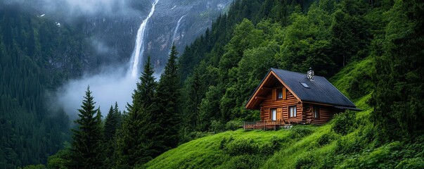 Fototapeta premium Charming rustic mountain cabin overlooking a dynamic waterfall shrouded in mist, perfect for nature lovers.