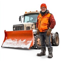 A snowplow driver stands in front of his truck, the plow blade covered in snow.