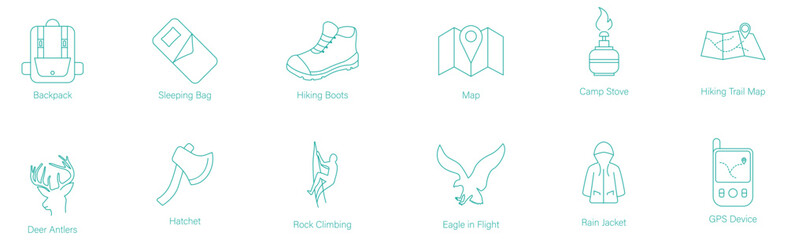 Fototapeta premium Vector Icon Set of Backpack, Sleeping Bag, Hiking Boots, Map, Camp Stove, Hiking Trail Map, Deer Antlers, Hatchet, Rock Climbing, Eagle in Flight, Rain Jacket, and GPS Device for Outdoor Adventure