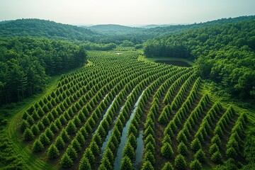 Naklejka premium Lush green christmas tree farm nestled in verdant hills under a clear sky