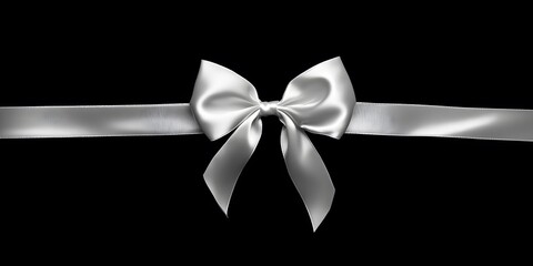 A Single White Satin Bow on a Ribbon Against a Black Background