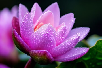 Fototapeta premium A close-up of a delicate pink lotus flower with dewdrops glistening on its petals, set against a soft, blurred background.