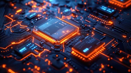 Obraz premium A stunning close-up of a futuristic circuit board illuminated with vibrant orange and blue lights, showcasing intricate pathways that highlight the essence of modern technology and digital innovation