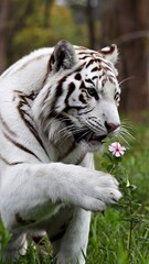 Naklejka premium a white tiger is chewing on a flower.