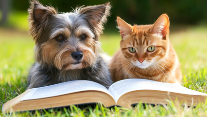 A pet care book discusses sharing pets within relationships on grass