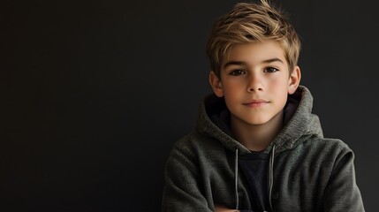 Confident teenage boy with blonde hair wearing gray hoodie against dark background, dramatic studio lighting, copy space