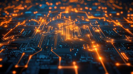 A mesmerizing close-up of a circuit board illuminated with brilliant orange and blue lights, capturing the complexity of digital technology and symbolizing connectivity, innovation