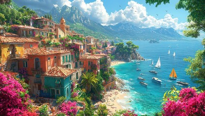 A picturesque coastal scene with colorful buildings, lush greenery, and vibrant flowers adorning the terraces overlooking an azure sea