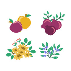 Colorful fruit and floral icons on a white background.