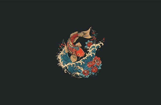 Japanese style art koi fish logo design vector