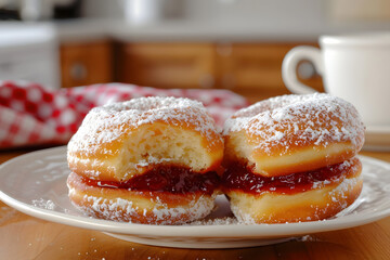 Classic jelly-filled donut with strawberry filling and powdered sugar on a checkered napkin