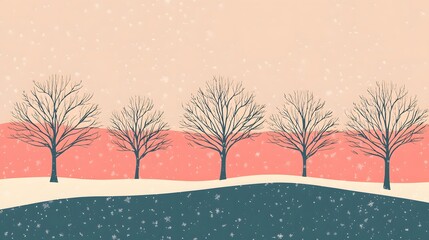 Five Bare Trees in a Winter Landscape with Falling Snow