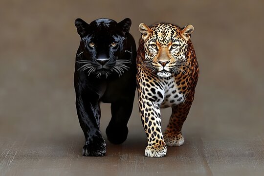 A panther and a leopard walk together