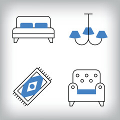 Linear chandelier, carpet and bed icon set. Different designs of household materials and appliances.