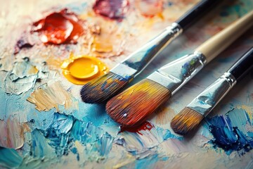 Fototapeta premium Paintbrushes Resting on a Palette with Colorful Paint Swirls