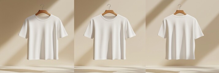 Three white t-shirts hanging on a wooden hanger. The t-shirts are all the same color and style, and they are all hanging in the same position. Concept of uniformity and simplicity