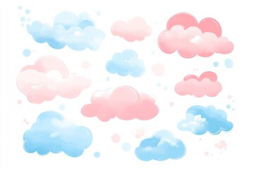 Obraz premium A set of cute pastel pink and blue clouds, vector illustration, simple shapes, 