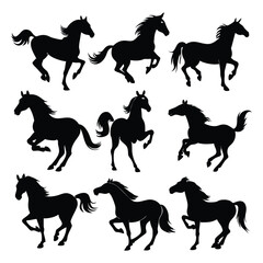 set of nine black horse silhouettes