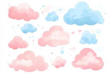 A set of cute pastel pink and blue clouds, vector illustration, simple shapes, 