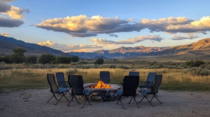 Fototapeta premium Chairs Around Fire Pit with Mountain View