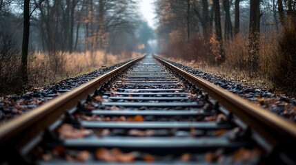 Fototapeta premium Empty railroad tracks leading into misty forest with autumn or winter colors, copy space
