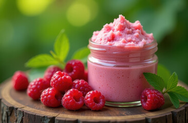 A glass jar of body scrub is surrounded by raspberries, creating a beautiful and aesthetic composition.
