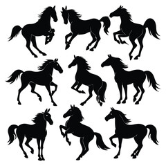 set of nine black horse silhouettes