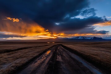 Fototapeta premium Vibrant sky showcasing a stunning rainbow arching over soft, distant clouds in a serene landscape.