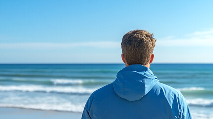 Fototapeta premium Man standing on the beach looking at the ocean, symbolizing peace, solitude, and contemplation in a scenic coastal environment