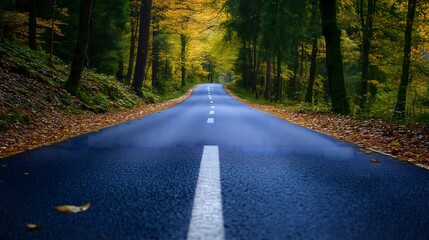 Empty asphalt road through autumn forest with yellow fall foliage and white dividing line leading to sunset, copy space